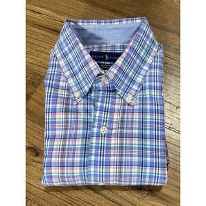 Ralph Lauren Button Down Shirt Mens M Multicolor Stretch Colorful Plaid Pony
